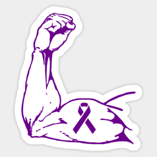 Flexed arm with a Dark Purple Awareness Ribbon Sticker